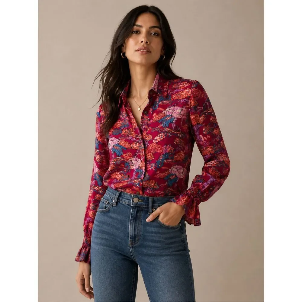 NWOT Maeve by Anthropologie Darla Printed Button-Down Blouse | Vibrant Artistic